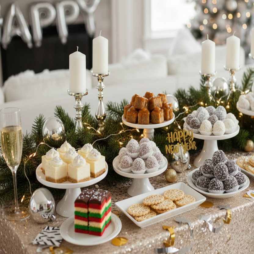 create an image of a dessert table of cheesecake bites, sticky toffee pudding bites, cake truffles and christmas cookies that include lace cookies, snowball cookies, pb blossoms, rainbow cookies with a bright white classic christmas theme